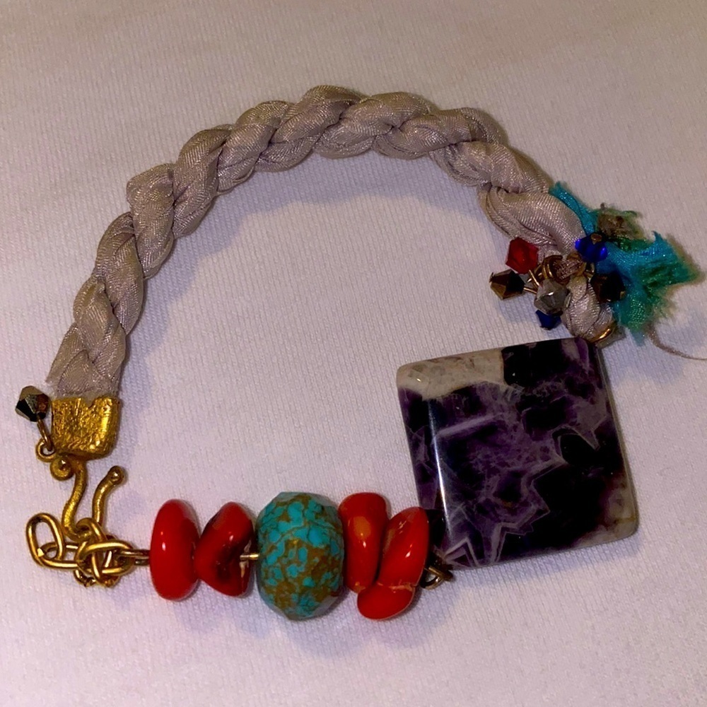 Gemstone Bracelet amethyst, turquoise, red coral, silk rope,  gold metal clasp